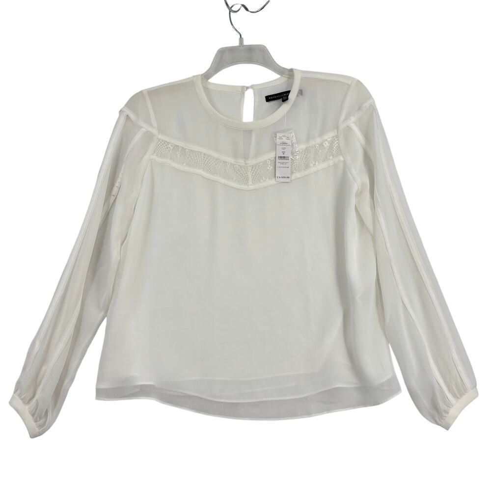 White House Black Market Blouse Size M White Semi Sheer Lace Inset Lined